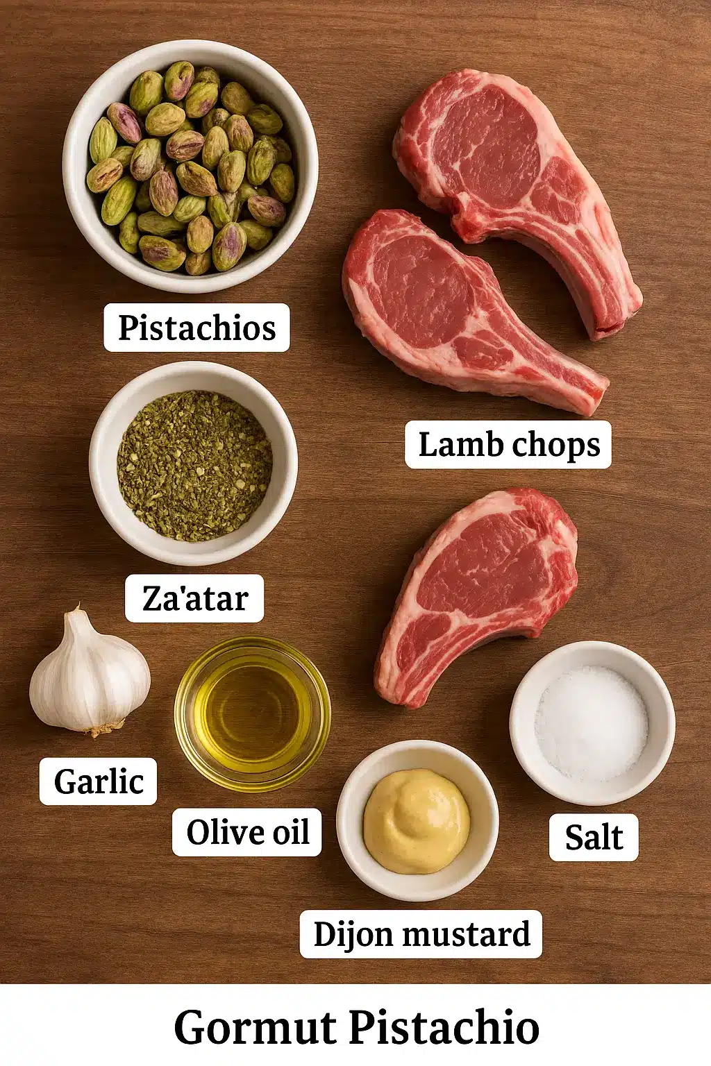 Flat lay of ingredients for pistachio and za’atar crusted lamb chops, including raw lamb chops, pistachios, za’atar, garlic, olive oil, Dijon mustard, and salt on a wooden background.