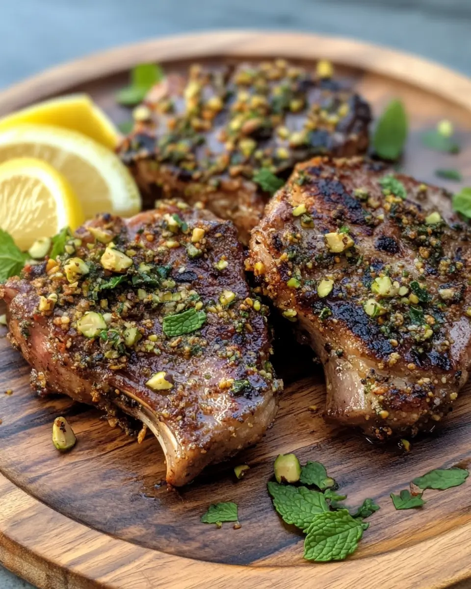 Cooked pistachio and za’atar crusted lamb chops served on a wooden plate with fresh mint and lemon wedges.