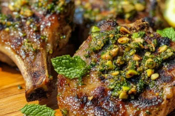 Close-up of juicy grilled lamb chops topped with a crust of chopped pistachios, za’atar, herbs, and garlic, garnished with mint leaves and lemon halves in the background.