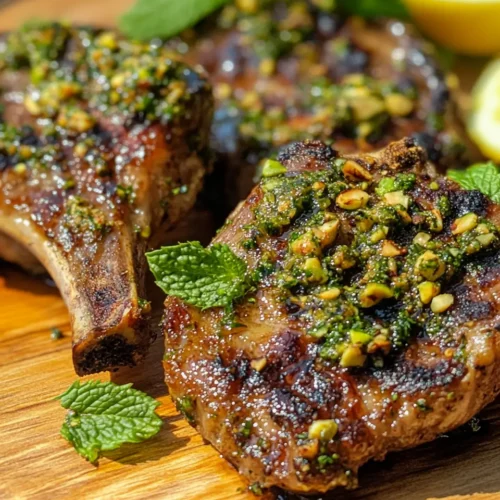 Close-up of juicy grilled lamb chops topped with a crust of chopped pistachios, za’atar, herbs, and garlic, garnished with mint leaves and lemon halves in the background.