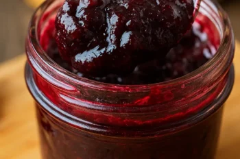 Close-up of a spoonful of thick blueberry rhubarb jam held above a glass jar.