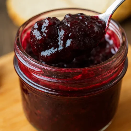 Close-up of a spoonful of thick blueberry rhubarb jam held above a glass jar.