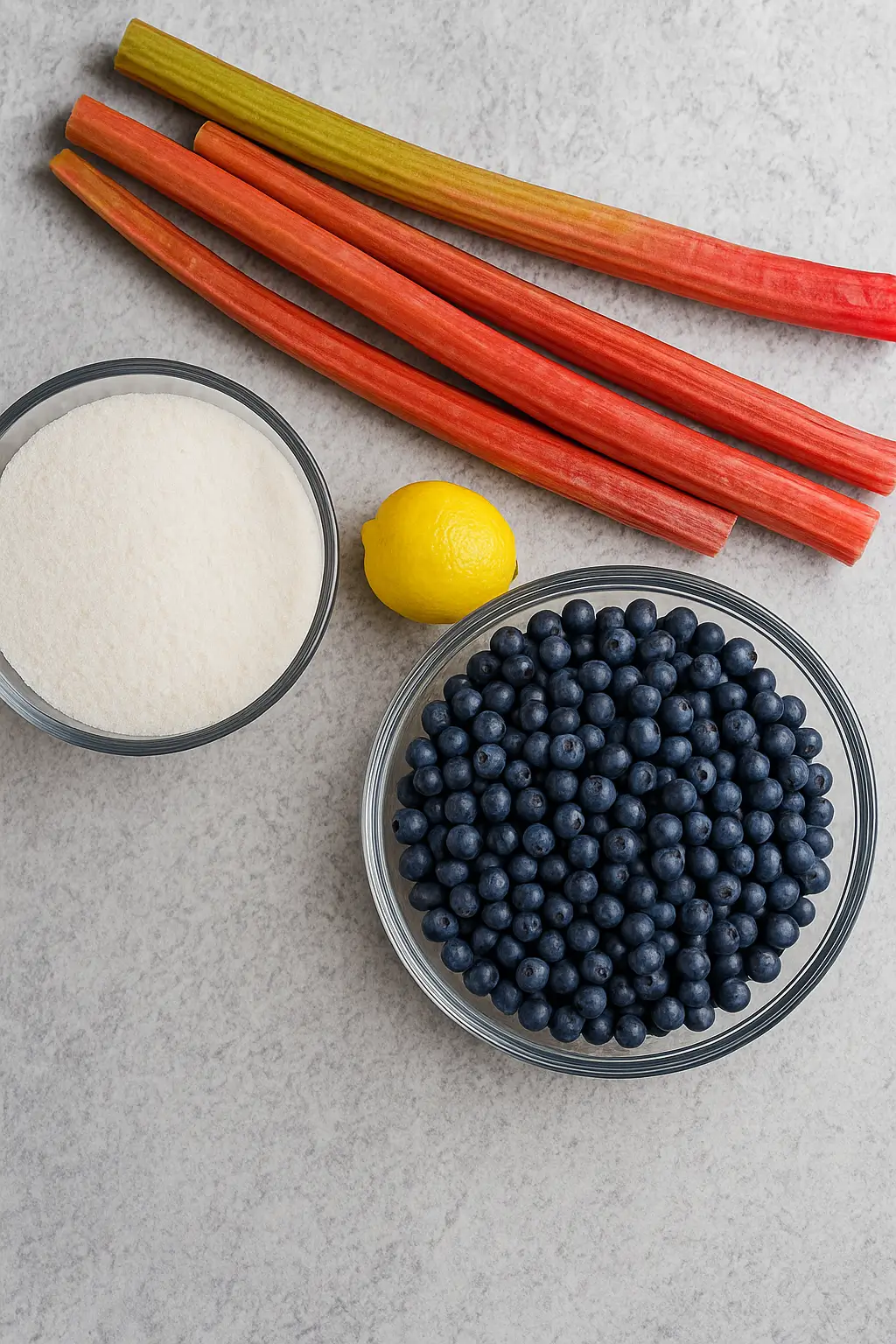 Fresh rhubarb stalks, blueberries, a lemon, and a bowl of sugar on a countertop—ingredients for homemade blueberry rhubarb jam.