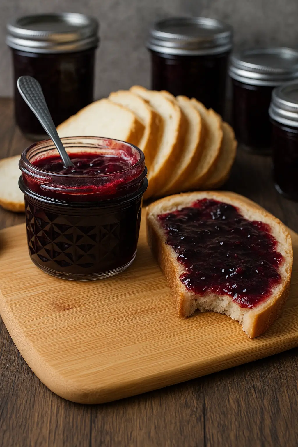 Open jar of blueberry rhubarb jam with a spoon, surrounded by sliced bread and sealed jars in the background.