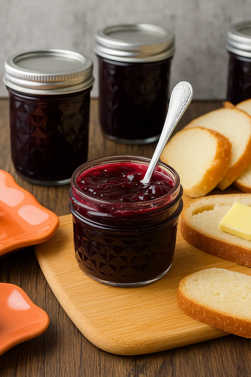 Jar of blueberry rhubarb jam with a spoon next to sliced bread and a slice spread with jam.