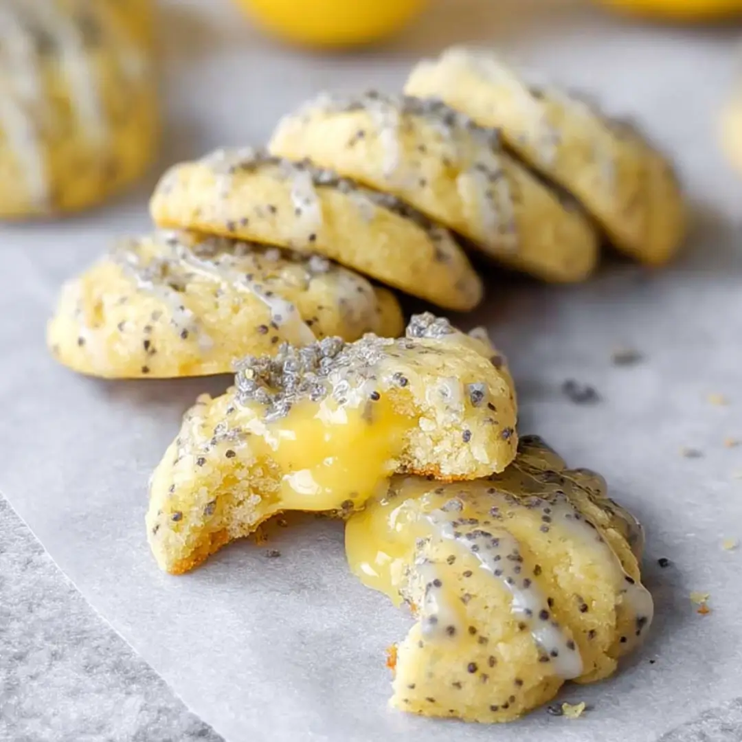 Close-up of gooey lemon curd oozing from the center of a freshly baked lemon poppy seed cookie.