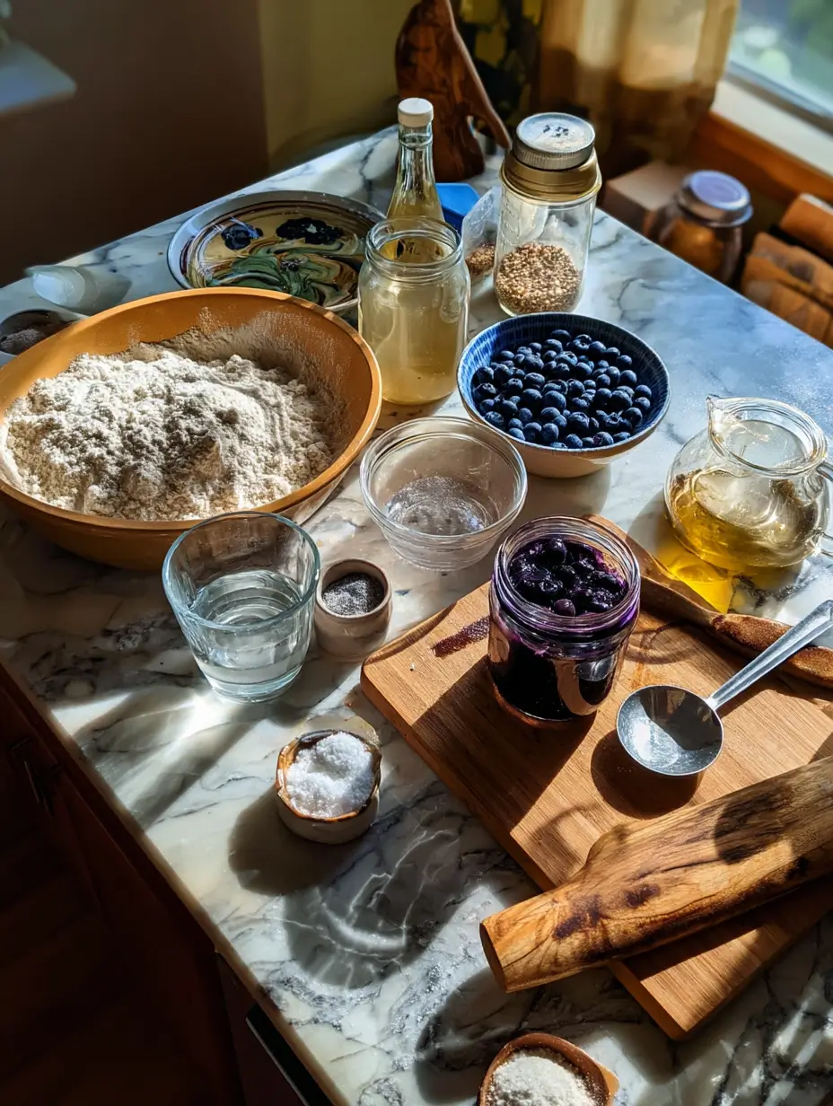 A rustic kitchen setup featuring baking ingredients for blueberry bagels, including flour, fresh blueberries, a jar of compote, and mixing tools spread out on a marble countertop in natural sunlight.