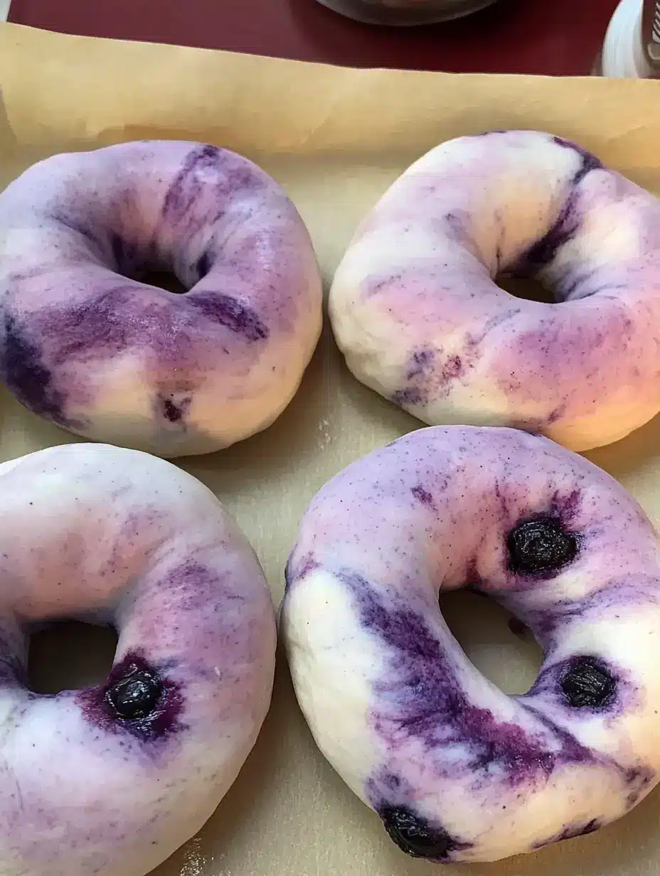 Four raw marbled blueberry bagels resting on parchment paper, showcasing light dough swirled with vibrant purple streaks of blueberry.