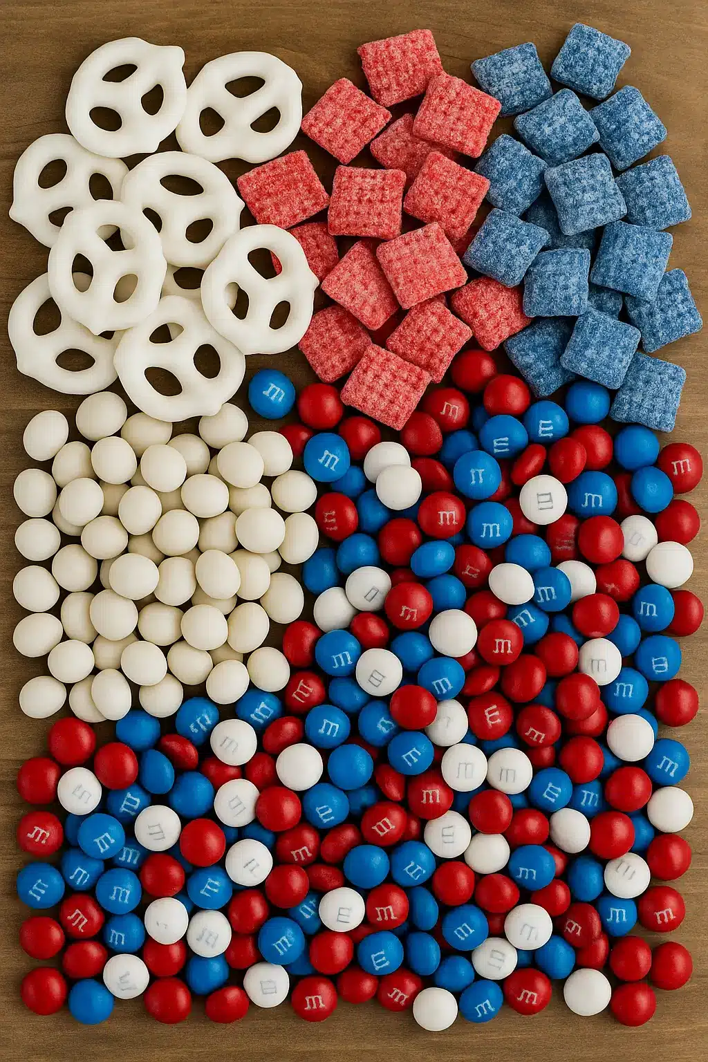 ingredients for Festive 4th of July snack mix close-up