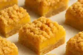 Peach crumble bars cut into squares, showing buttery crust, peach filling, and crumbly topping