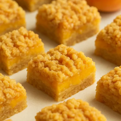 Peach crumble bars cut into squares, showing buttery crust, peach filling, and crumbly topping