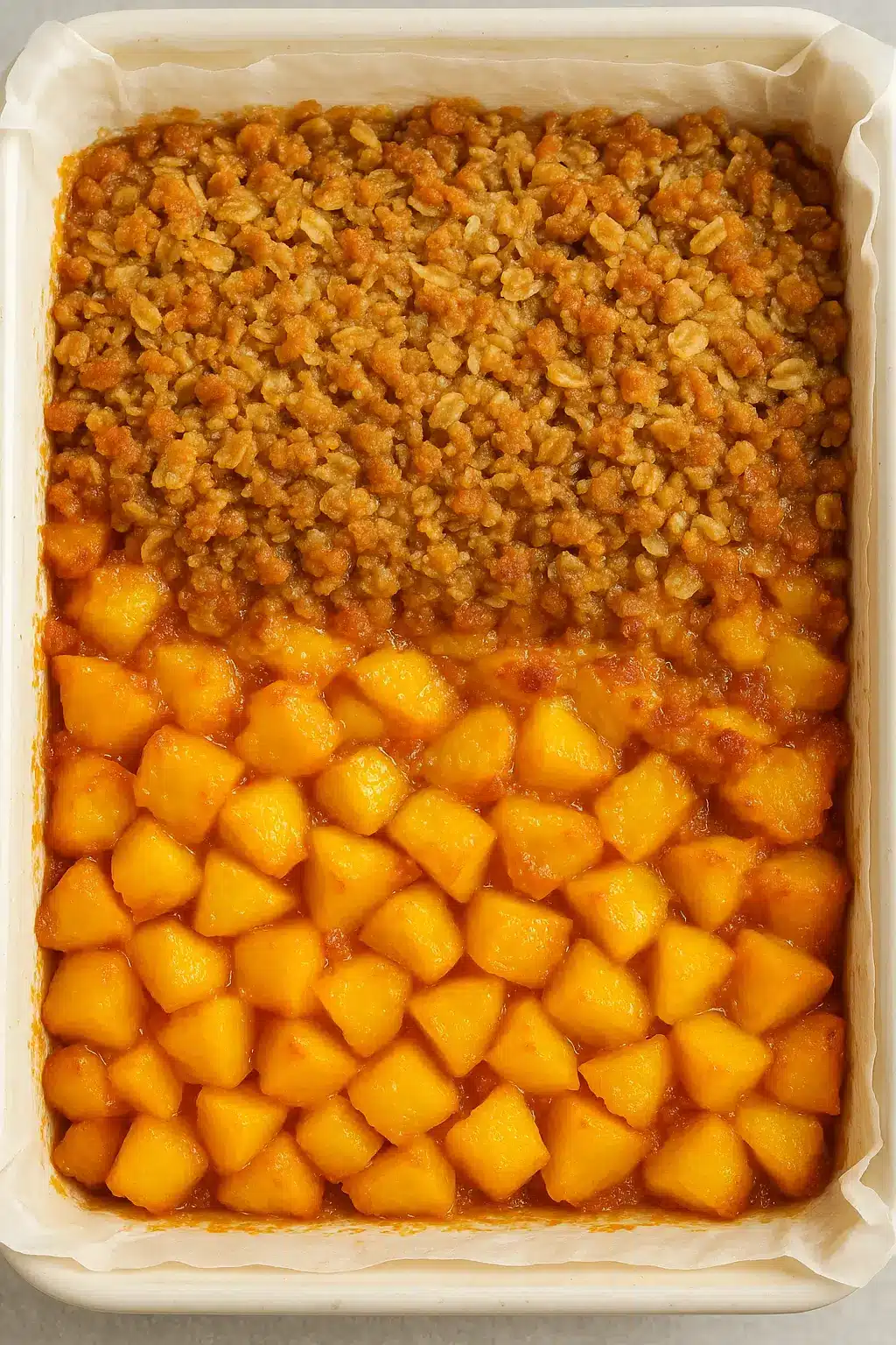 Baking dish with diced peach filling and partially topped with oat crumble before baking