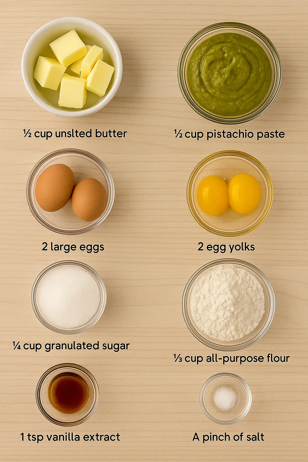 Ingredients for pistachio lava cake including butter, pistachio paste, eggs, sugar, flour, vanilla extract, and salt displayed in small glass bowls on a wooden surface
