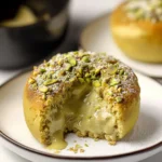 Close-up of pistachio lava cake broken open to reveal creamy molten center, garnished with crushed pistachios and powdered sugar