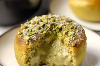 Close-up of pistachio lava cake broken open to reveal creamy molten center, garnished with crushed pistachios and powdered sugar