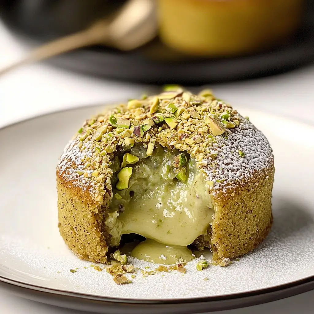Pistachio lava cake with molten pistachio center oozing out, topped with chopped pistachios and powdered sugar on a white plate