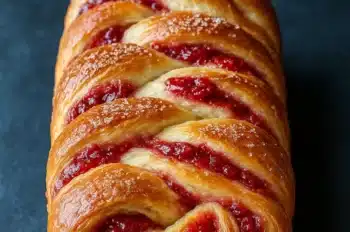 Golden brown raspberry swirl brioche loaf with a glossy finish and visible raspberry jam swirls, placed on a dark blue background.