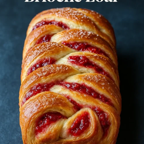 Golden brown raspberry swirl brioche loaf with a glossy finish and visible raspberry jam swirls, placed on a dark blue background.