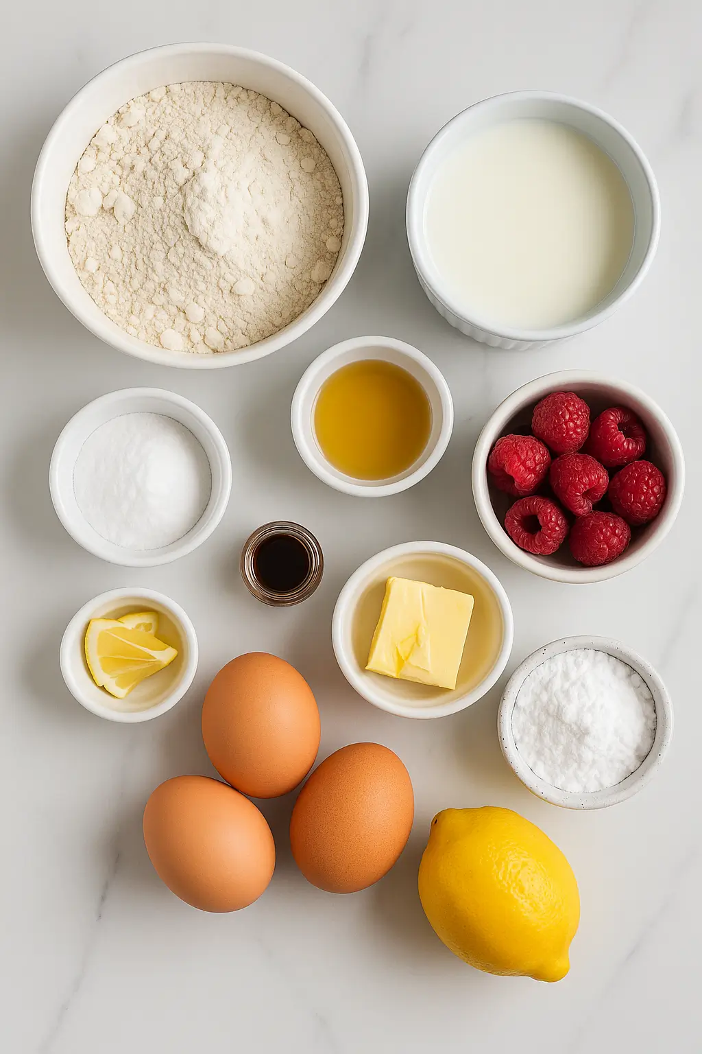 Flat lay of ingredients for raspberry swirl brioche loaf including flour, milk, fresh raspberries, eggs, lemon, butter, sugar, and vanilla extract on a white surface.