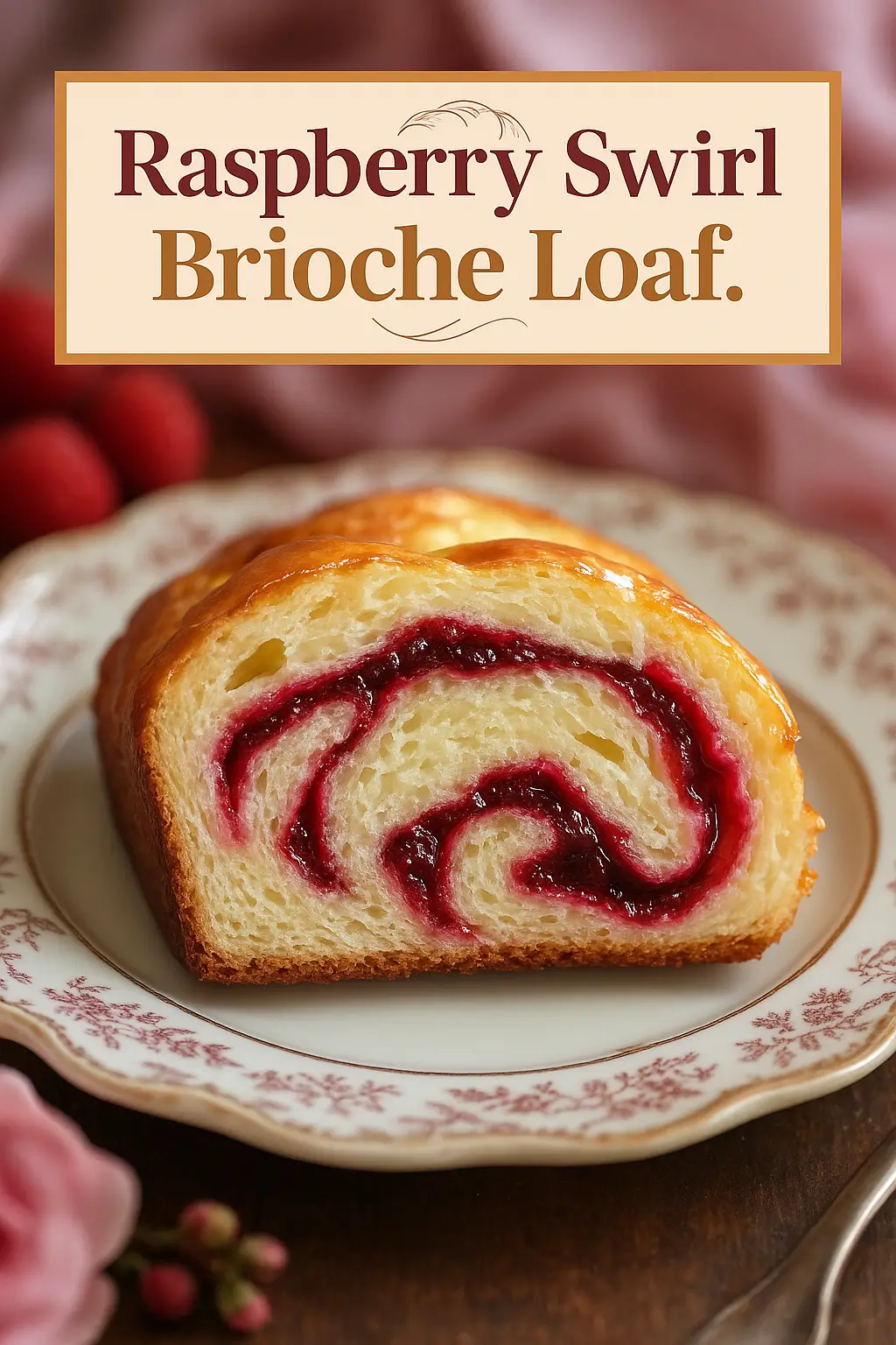 Close-up of a sliced raspberry swirl brioche loaf showing soft, airy crumb and vivid raspberry jam swirl, served on a vintage floral plate with a pink background.