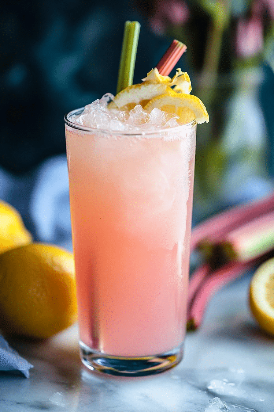 Tall glass of light pink rhubarb lemonade with crushed ice, garnished with lemon slices and rhubarb stalks, set against a dark blue background with fresh lemons.