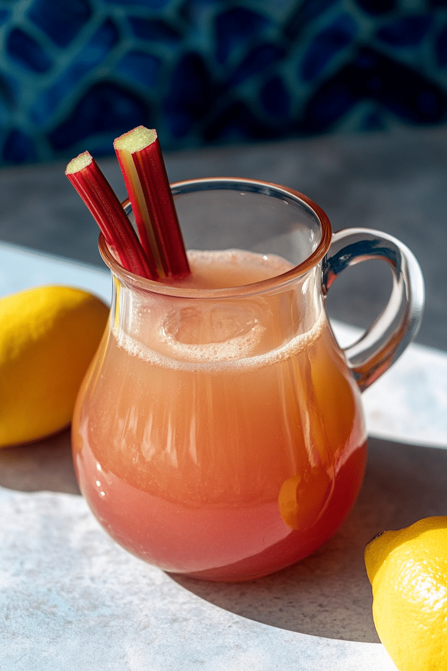 Pitcher of homemade rhubarb lemonade with raw rhubarb stalks, surrounded by fresh lemons on a sunlit table.