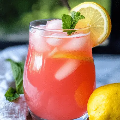 Glass of vibrant pink rhubarb lemonade over ice, garnished with fresh mint and a lemon slice, on a marble surface with a lemon and white napkin beside it.