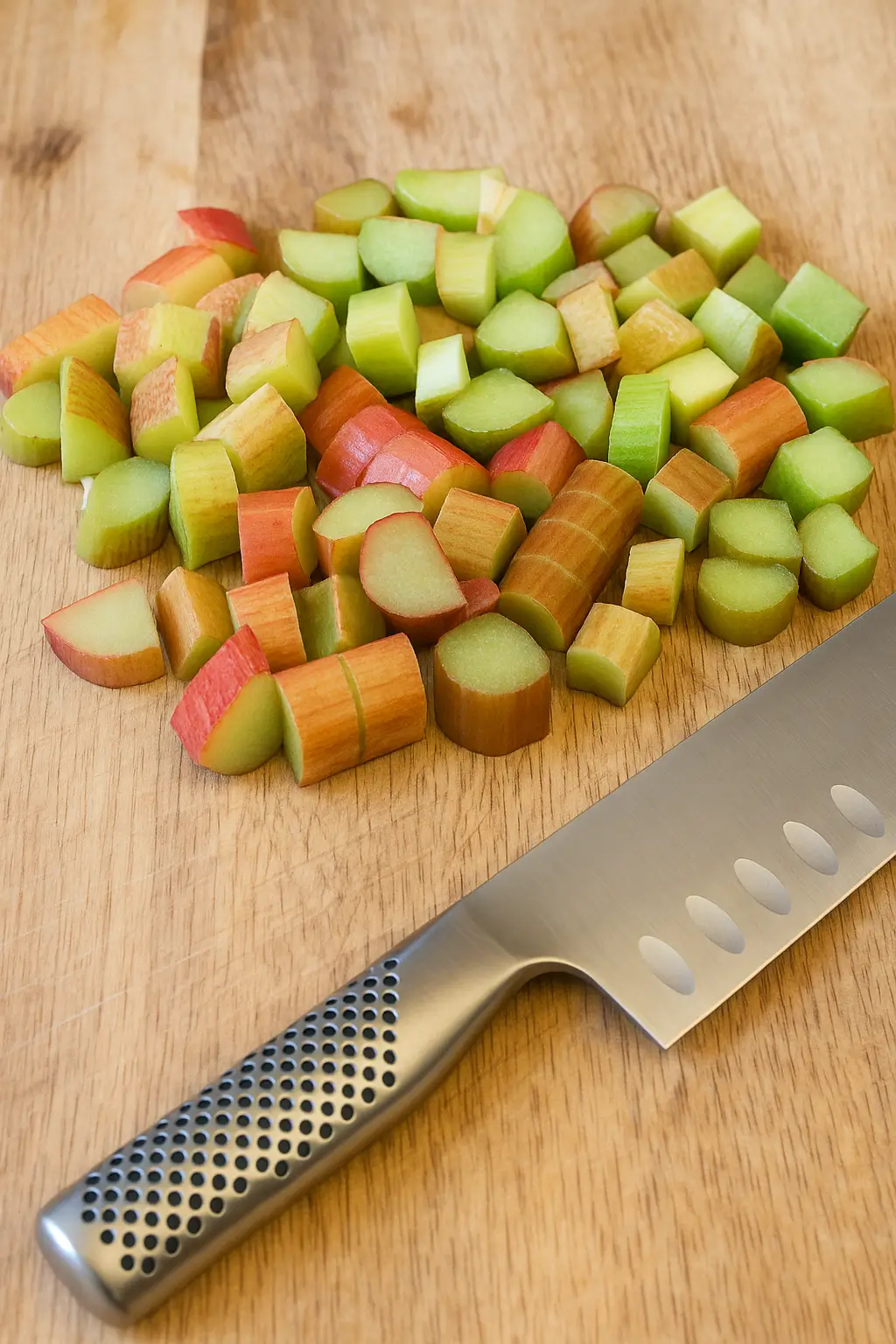 Freshly chopped rhubarb pieces on a wooden cutting board next to a stainless steel chef’s knife.