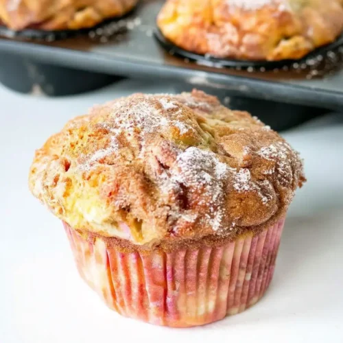 Close-up of a moist rhubarb muffin in a pink-striped paper liner, topped with cinnamon sugar, with a pan of muffins in the background.