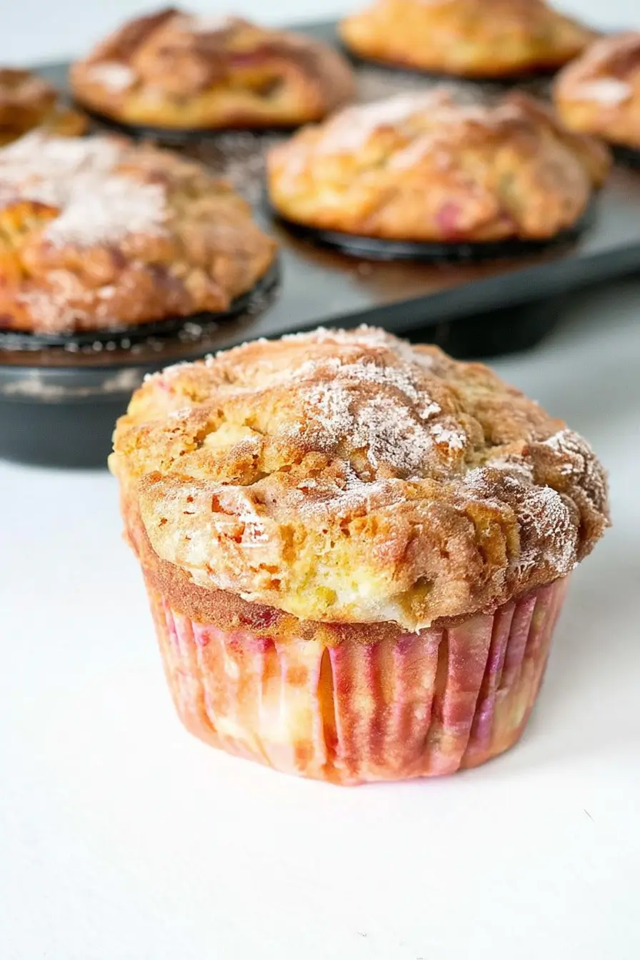 Freshly baked rhubarb muffin with golden streusel topping and visible chunks of rhubarb, in front of a muffin tin.