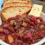 Spiced rhubarb chutney served in a white bowl, garnished with black pepper, accompanied by crusty bread slices and a wedge of cheese on a stone countertop.