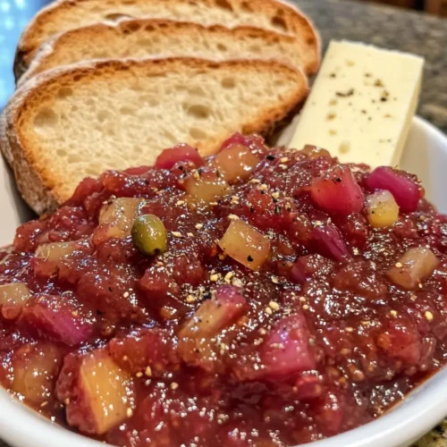 Spiced rhubarb chutney served in a white bowl, garnished with black pepper, accompanied by crusty bread slices and a wedge of cheese on a stone countertop.