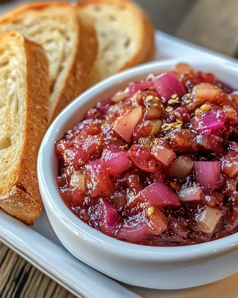 Close-up of spiced rhubarb chutney in a white bowl, showcasing its vibrant red color and chunky texture, served with golden slices of toasted bread.