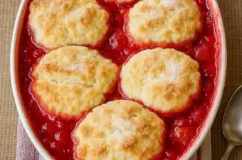 Top-down view of an old fashioned rhubarb cobbler in an oval white baking dish with six golden biscuit toppings over bubbling red rhubarb filling, placed on a striped cloth with a spoon beside it.
