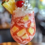 Strawberry Piña Colada garnished with whipped cream, cherry, and pineapple wedge