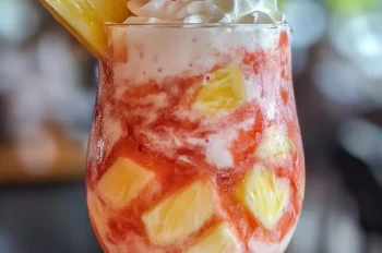 Strawberry Piña Colada garnished with whipped cream, cherry, and pineapple wedge