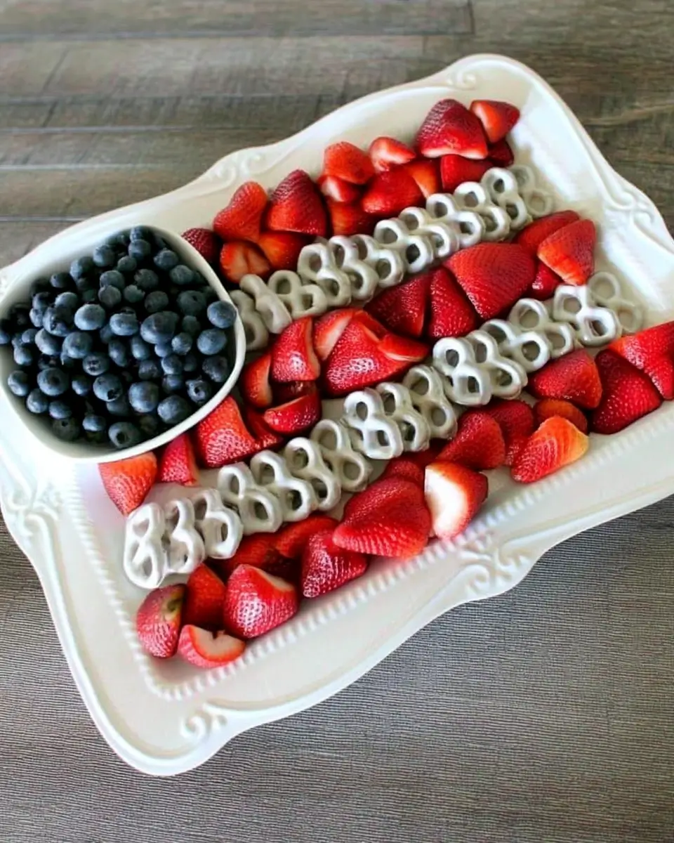 Fourth of July fruit platter arranged in the shape of an American flag using fresh blueberries in a small white bowl for the stars section, with alternating rows of sliced strawberries and yogurt-covered pretzels forming the stripes, all displayed on an ornate white serving tray