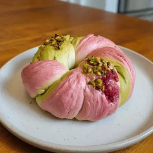 A vibrant raspberry and pistachio sourdough bun with pink, green, and white dough sections, topped with chopped pistachios and whole raspberries, served on a white plate on a wooden table
