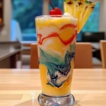 A tall glass of Pina Colada Swirl Smoothie with vibrant layers of yellow mango, white coconut cream, red berry puree, and blue spirulina, topped with whipped cream, a maraschino cherry, and a pineapple wedge garnish. The drink is served on a light wooden table with a softly blurred background of a cozy dining room