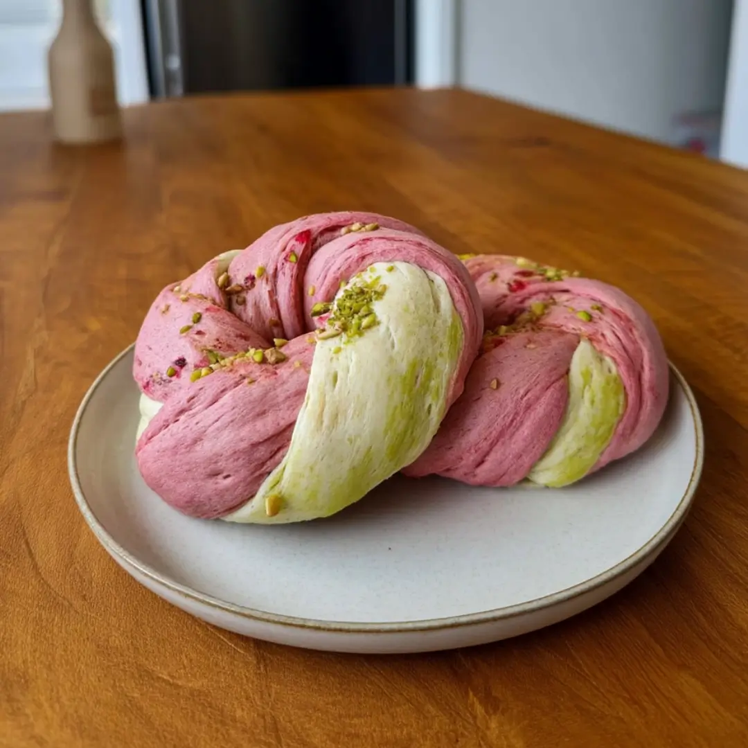 Two twisted raspberry and pistachio sourdough bagels with swirls of pink, white, and light green dough, sprinkled with crushed pistachios, displayed on a beige plate.