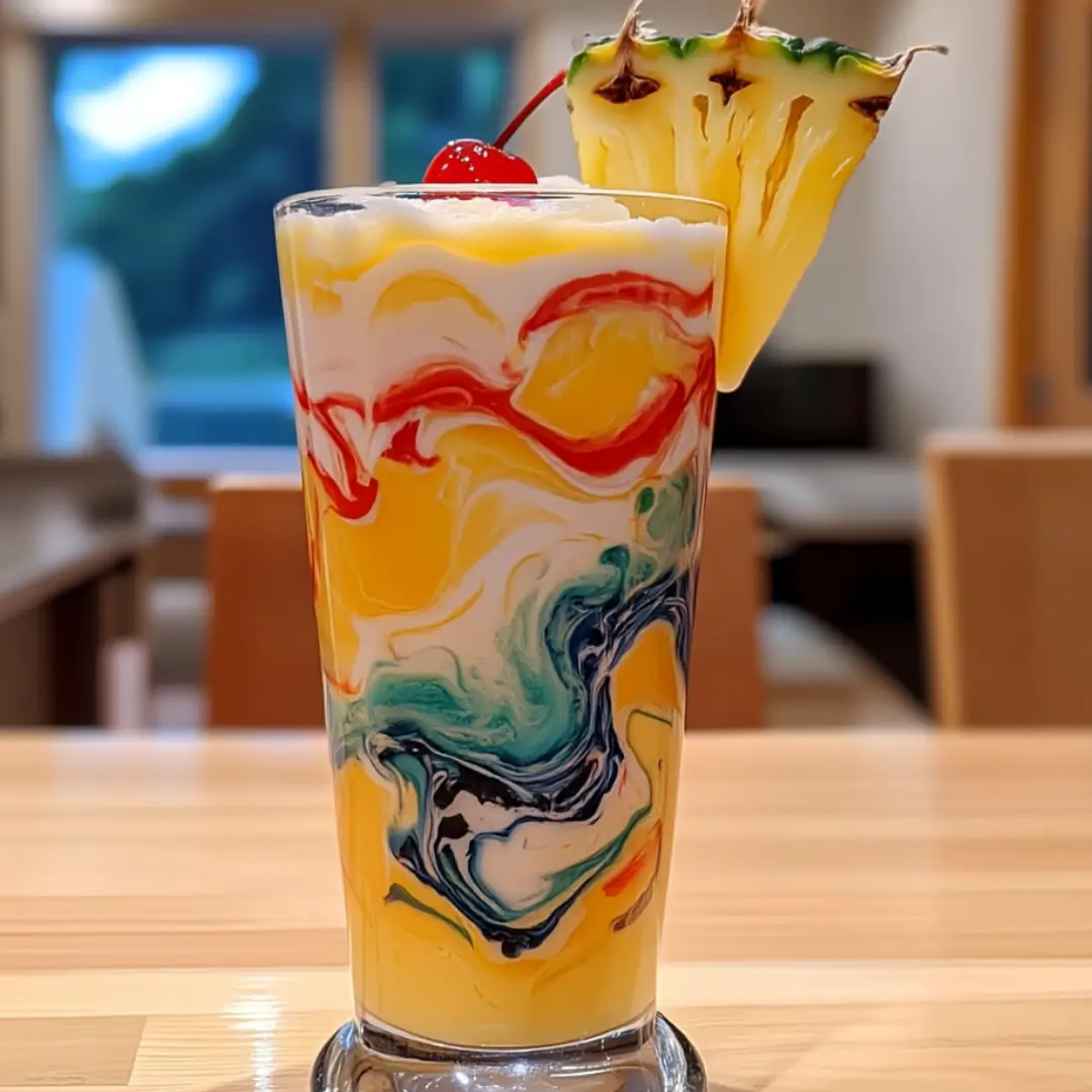A tall glass of Pina Colada Swirl Smoothie with vibrant layers of yellow mango, white coconut cream, red berry puree, and blue spirulina, topped with whipped cream, a maraschino cherry, and a pineapple wedge garnish. The drink is served on a light wooden table with a softly blurred background of a cozy dining room