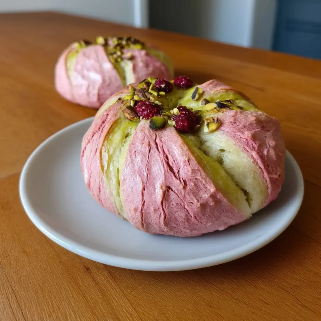 A close-up of a raspberry pistachio sourdough bagel featuring twisted segments of pink and green dough, topped with chopped pistachios and baked raspberries, placed on a white ceramic plate.