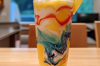 A tall glass of Pina Colada Swirl Smoothie with vibrant layers of yellow mango, white coconut cream, red berry puree, and blue spirulina, topped with whipped cream, a maraschino cherry, and a pineapple wedge garnish. The drink is served on a light wooden table with a softly blurred background of a cozy dining room