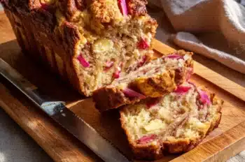 A rustic cinnamon swirl rhubarb bread loaf on a wooden board with several slices cut. One slice has a pat of melting butter, showcasing the swirled top and vibrant rhubarb pieces throughout the bread.