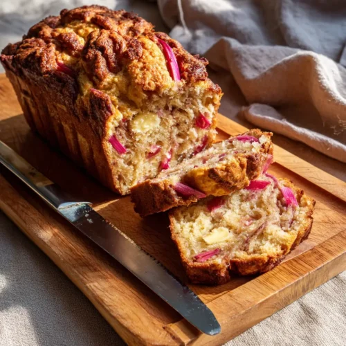 A rustic cinnamon swirl rhubarb bread loaf on a wooden board with several slices cut. One slice has a pat of melting butter, showcasing the swirled top and vibrant rhubarb pieces throughout the bread.