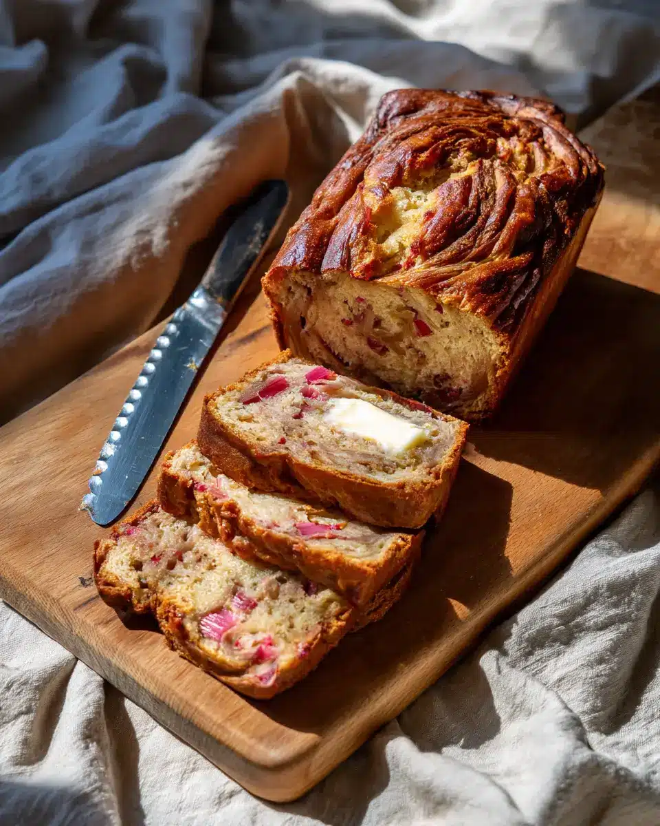 Freshly baked cinnamon swirl rhubarb bread on a wooden cutting board, partially sliced to reveal its moist texture and chunks of rhubarb and butter inside. A bread knife rests beside it, with natural light highlighting the golden crust.