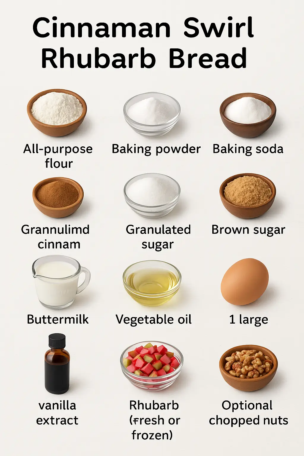 An infographic displaying all ingredients for cinnamon swirl rhubarb bread, each item labeled and neatly arranged: all-purpose flour, baking powder, baking soda, ground cinnamon, granulated sugar, brown sugar, buttermilk, vegetable oil, a large egg, vanilla extract, chopped rhubarb (fresh or frozen), and optional chopped nuts.