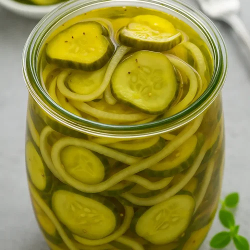 Glass jar filled with bread and butter pickles and sliced onions in golden brine on a gray background