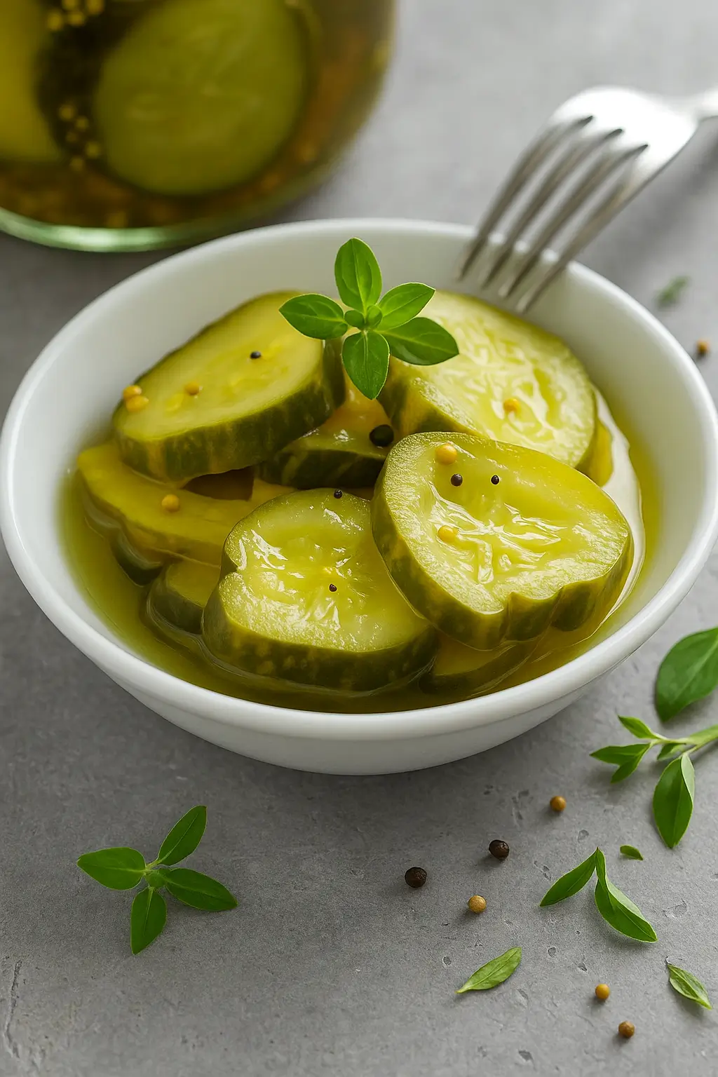 Small white bowl of bread and butter pickle slices garnished with fresh herbs, with fork and scattered peppercorns