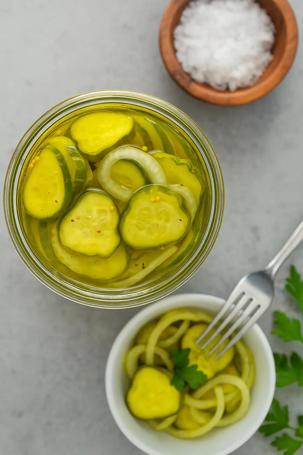 Overhead view of a jar and bowl of bread and butter pickles with onions, alongside sea salt and parsley on a light background